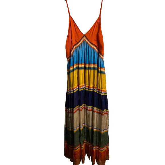 Striped Boho Maxi Dress By Tanvi Kedia With Adjustable Straps & V-Neckline - Picture 1 of 11